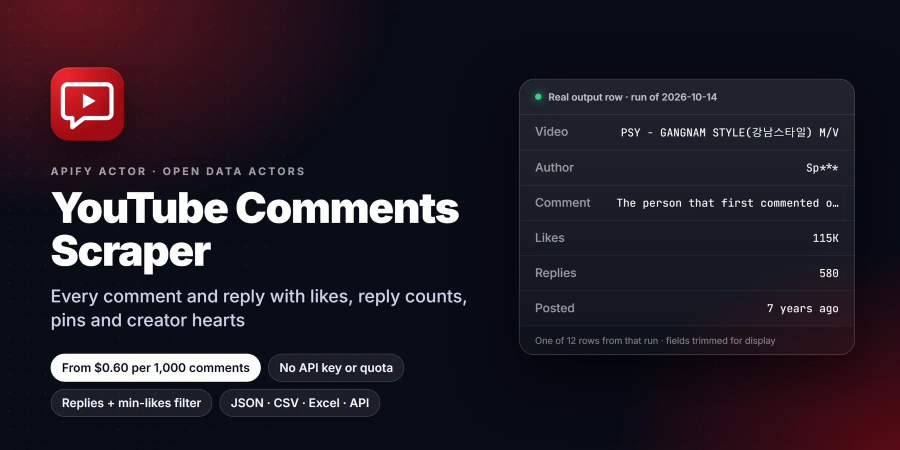 YouTube Comments Scraper: features, price and a real output row