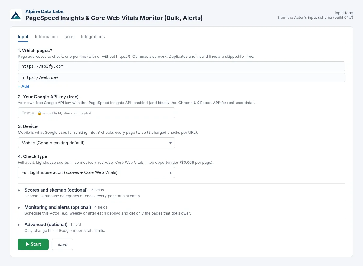 PageSpeed Insights bulk checker input form: URLs, mobile or desktop and Core Web Vitals alerts