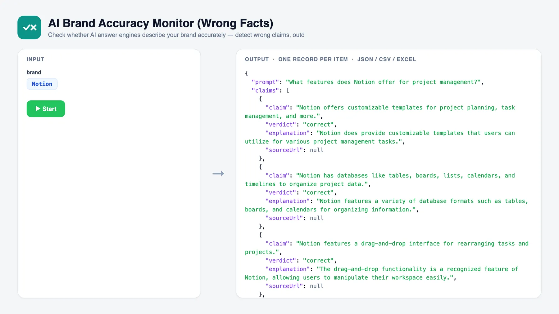 AI Brand Accuracy Monitor (Wrong Facts) — input and sample output