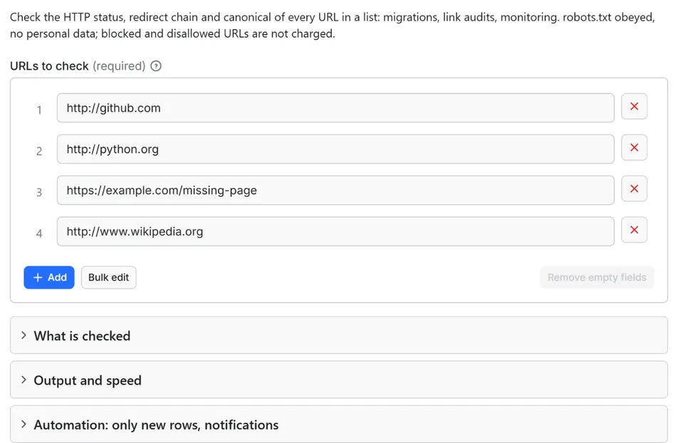 Input form of Bulk URL Status and Redirect Chain Checker API