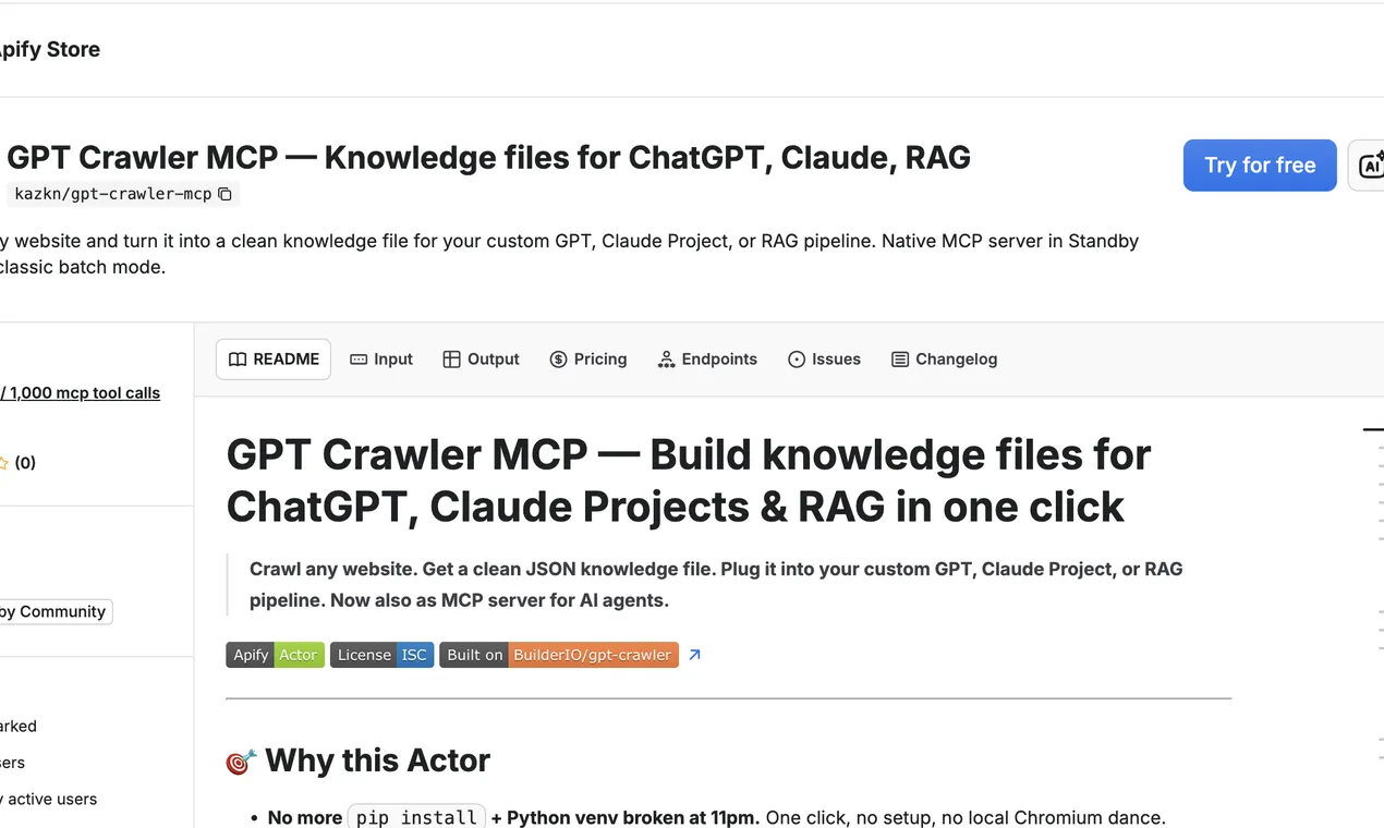GPT Crawler MCP — Apify Store public listing