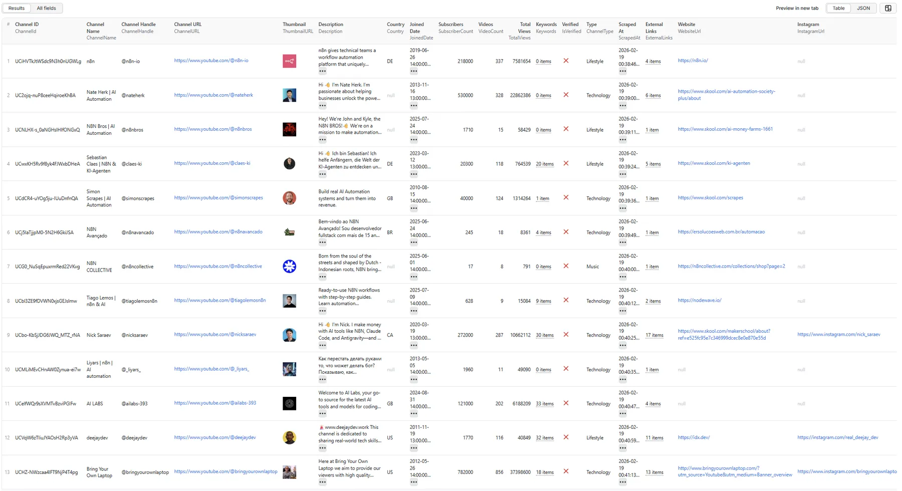 YouTube Channel Contacts Scraper - Results Table View