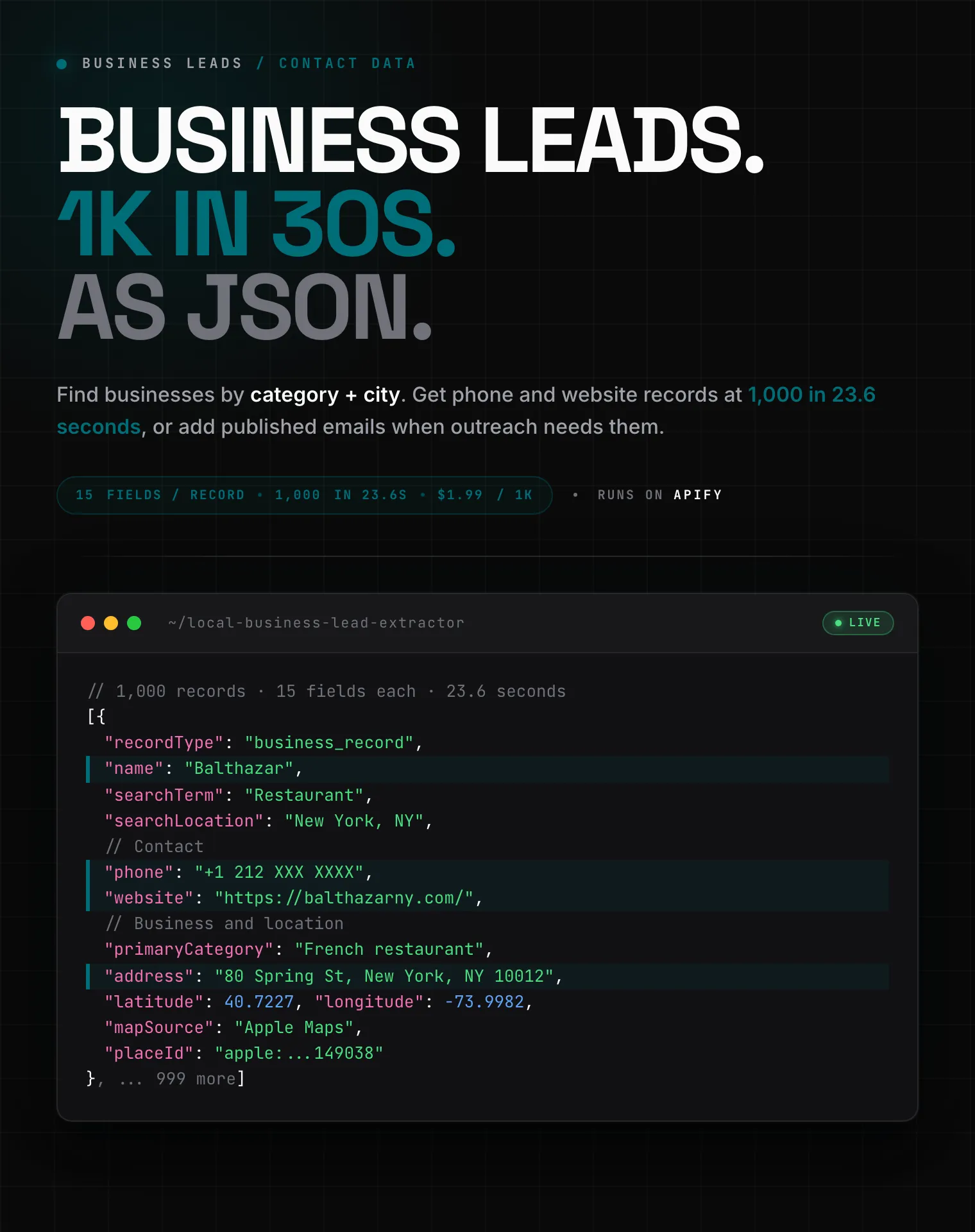 Fast business leads scraper: phone numbers, websites, addresses, and published emails as structured JSON