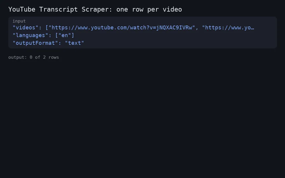 Two YouTube links in, one transcript row per video out
