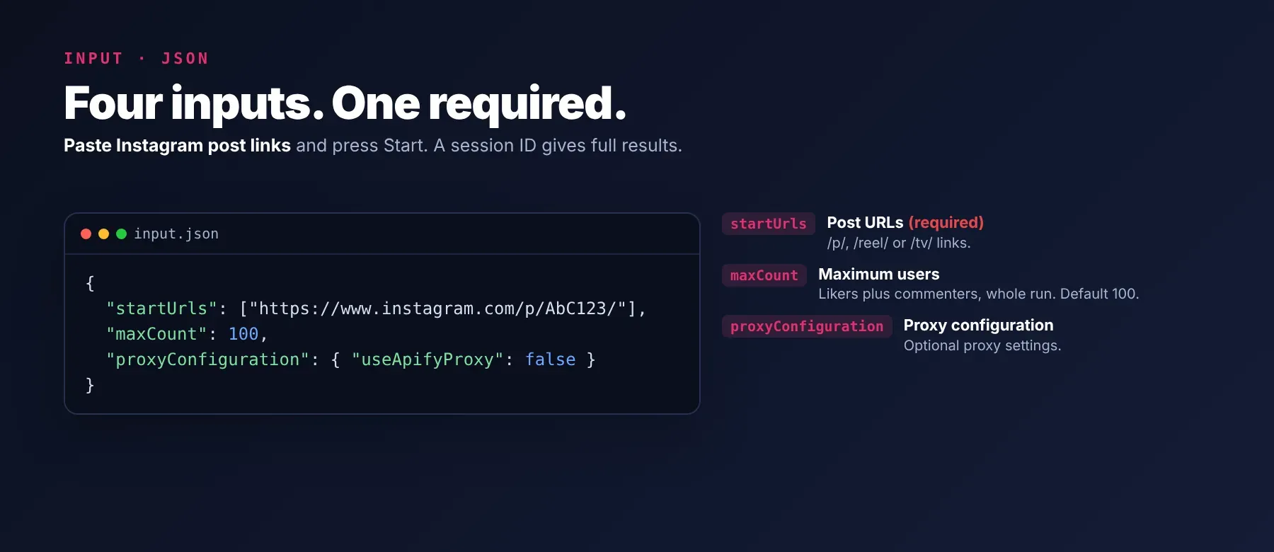 Instagram Likes Scraper input fields: startUrls, maxCount and proxyConfiguration