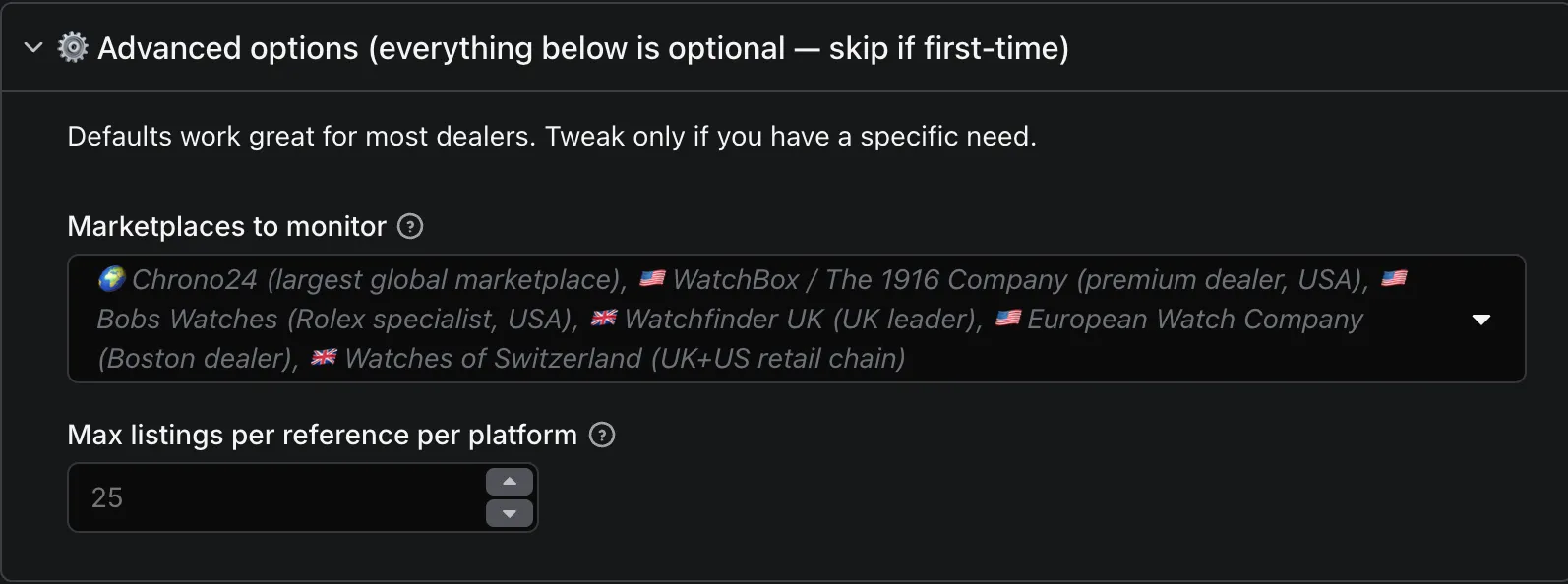 Advanced options — marketplaces and listing cap