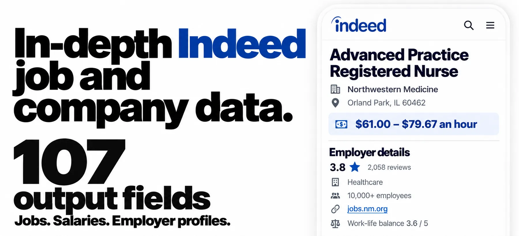 In-depth Indeed job and company data. 107 output fields covering jobs, salaries and employer profiles.