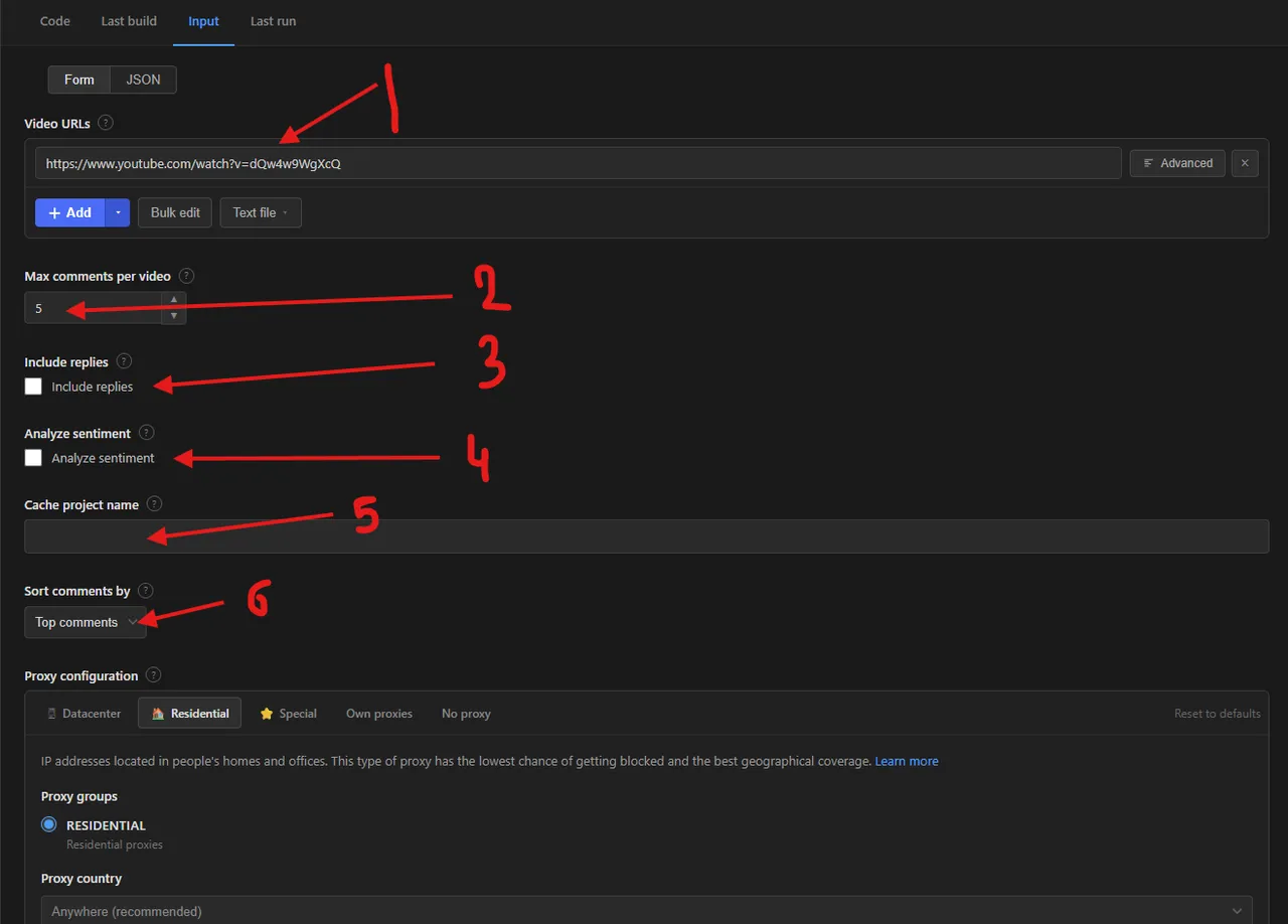 YouTube Comments Scraper input form in Apify Console: video URLs, max comments per video, include replies, analyze sentiment, cache project name, sort comments by, and proxy configuration