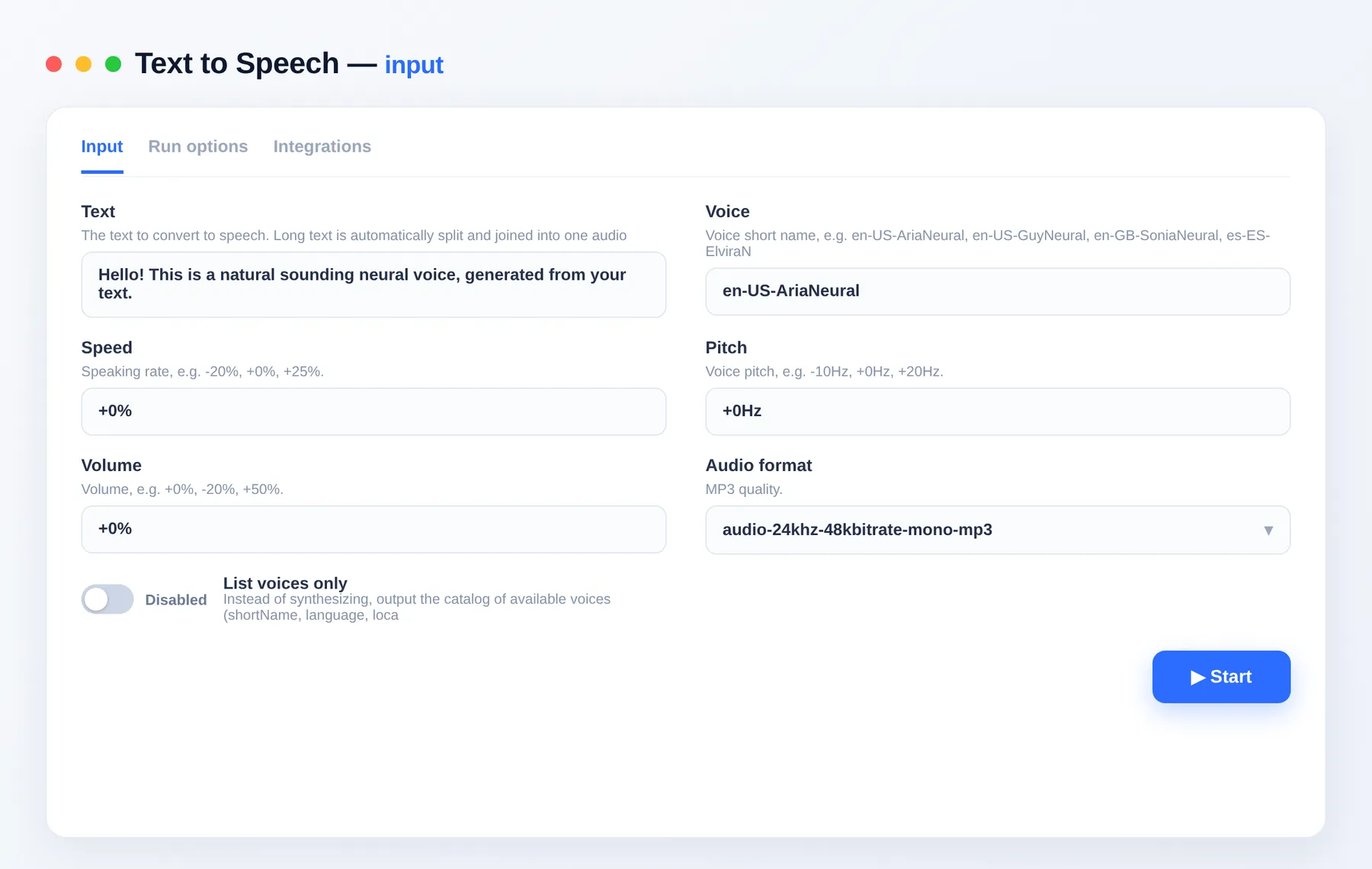 Text to Speech input β text, voice, rate and pitch in the Apify Console