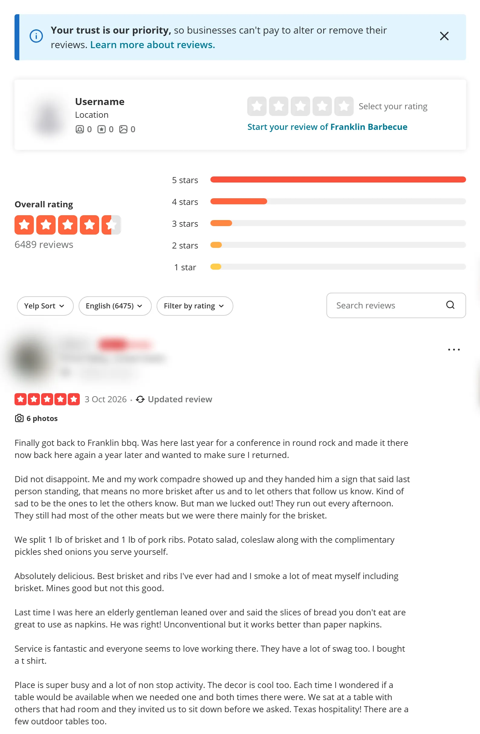 Yelp reviews page that Yelp Reviews Scraper turns into rows (reviewer details blurred)