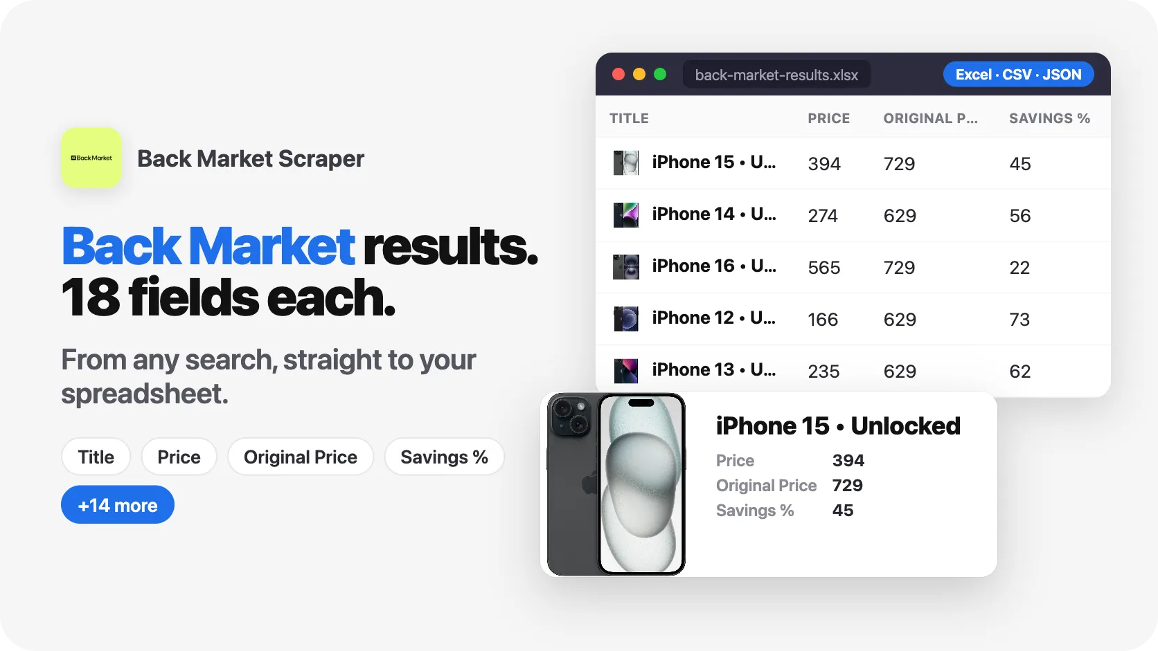 1 search. 50 Back Market results. 10 fields per result.