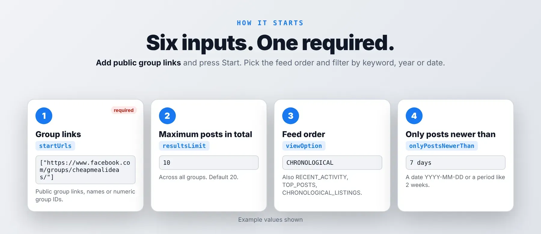 Facebook Groups Scraper input: group links, post limit, feed order and filters