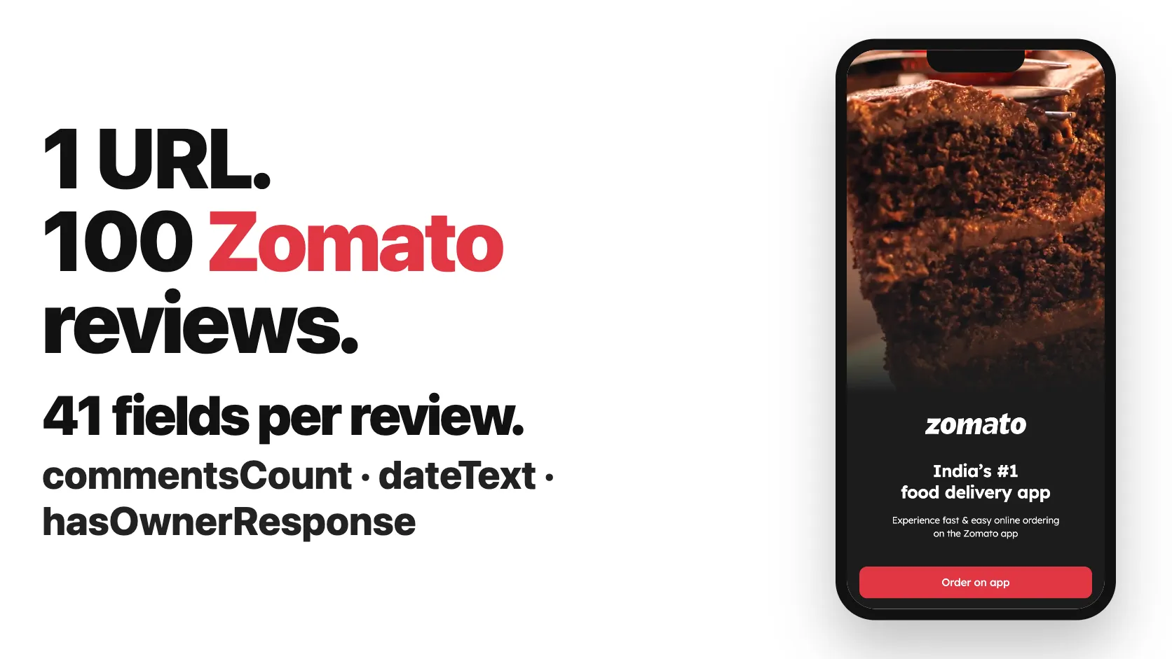 1 URL. 100 Zomato reviews. 41 fields per review.