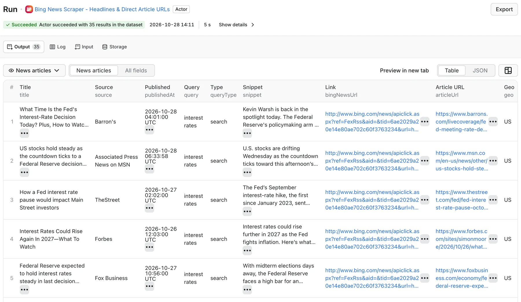 Bing News Scraper output in Apify: headline, source, published date, query, snippet, Bing link and direct article URL