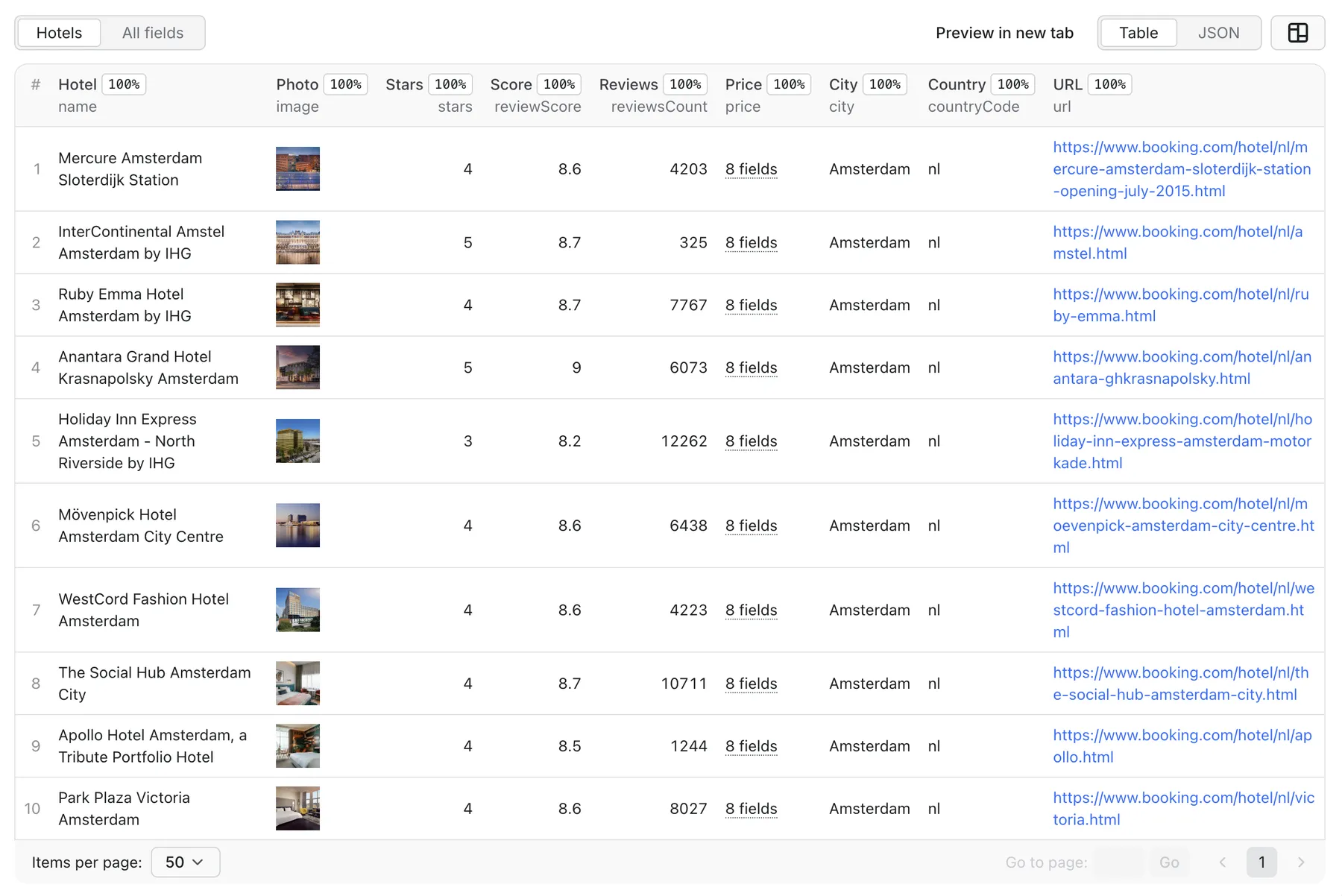 Booking.com Scraper output example