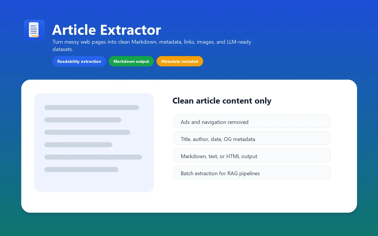 Article Extractor overview: clean article content, Markdown output, metadata, and images