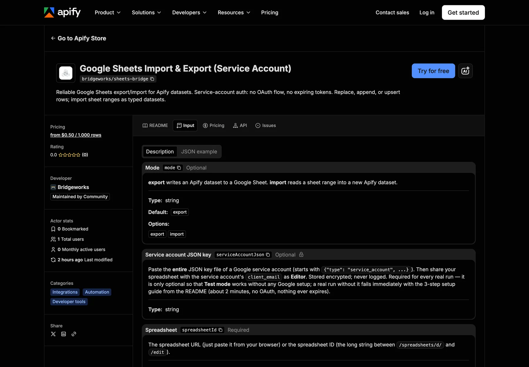 The input form: paste the service-account key once, point at a spreadsheet, pick a mode