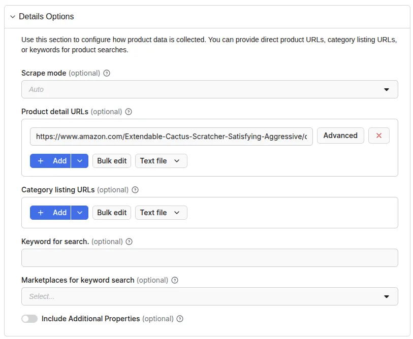 E-commerce Scraping Tool input details
