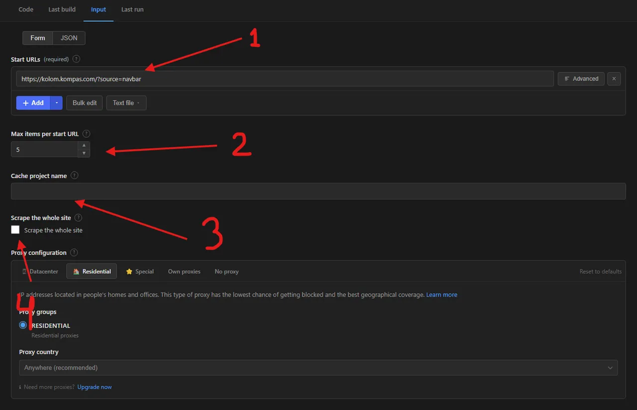 Kompas news scraper input form with the Start URLs, Max items per start URL, Cache project name and Scrape the whole site fields marked 1 to 4