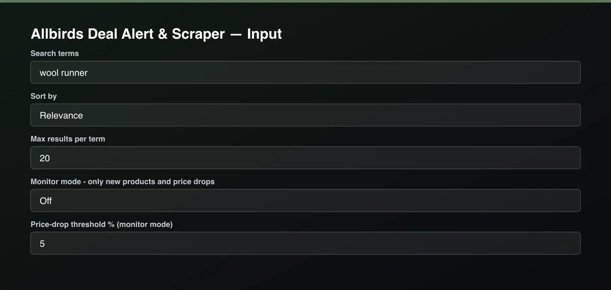 Allbirds Deal Alert & Scraper input form