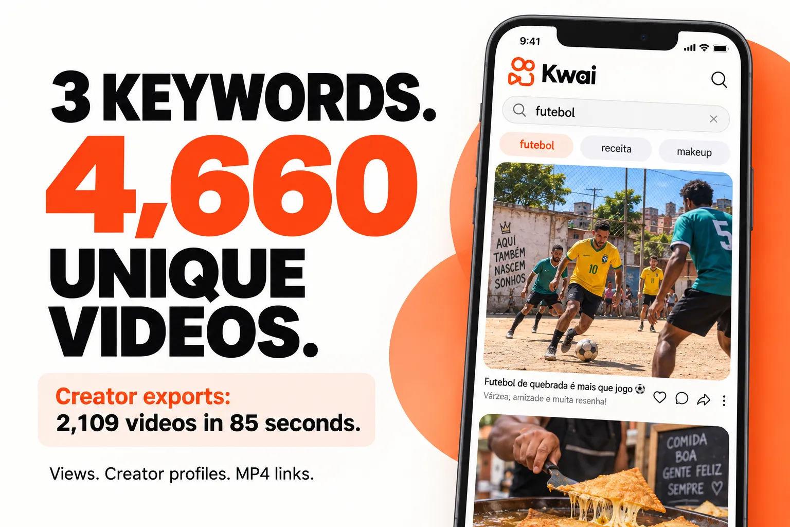3 keywords. 4,660 unique Kwai videos. Creator exports: 2,109 videos in 85 seconds. Views, creator profiles and MP4 links.