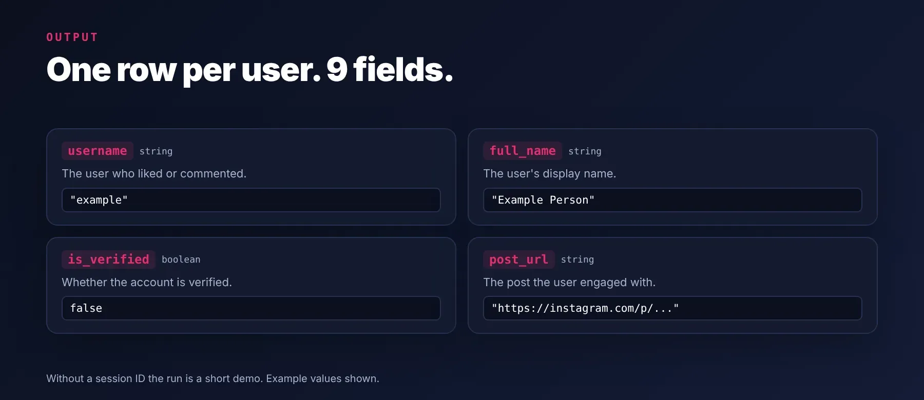 Instagram Likes Scraper output: one row per user with 9 fields