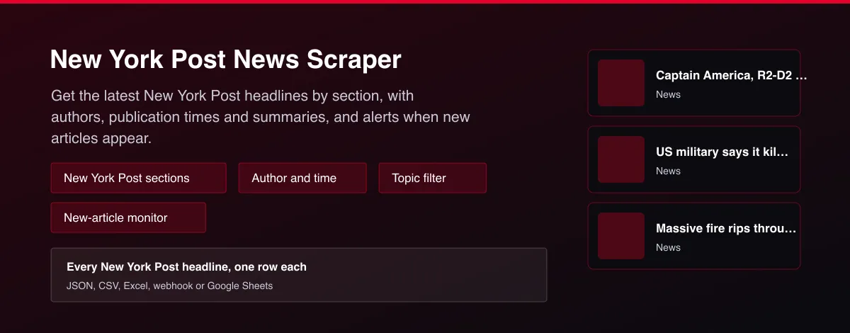New York Post News Scraper - New York Post headlines with section, author, time and summary
