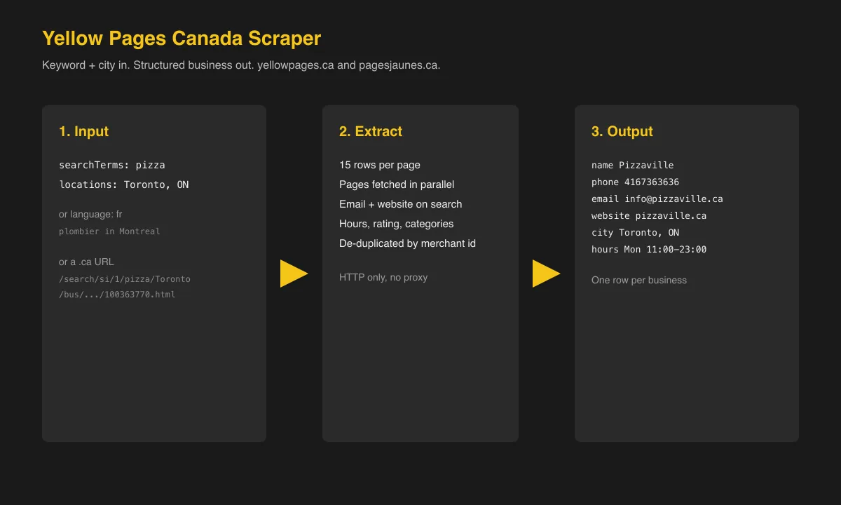 How the Yellow Pages Canada scraper turns a search into business rows