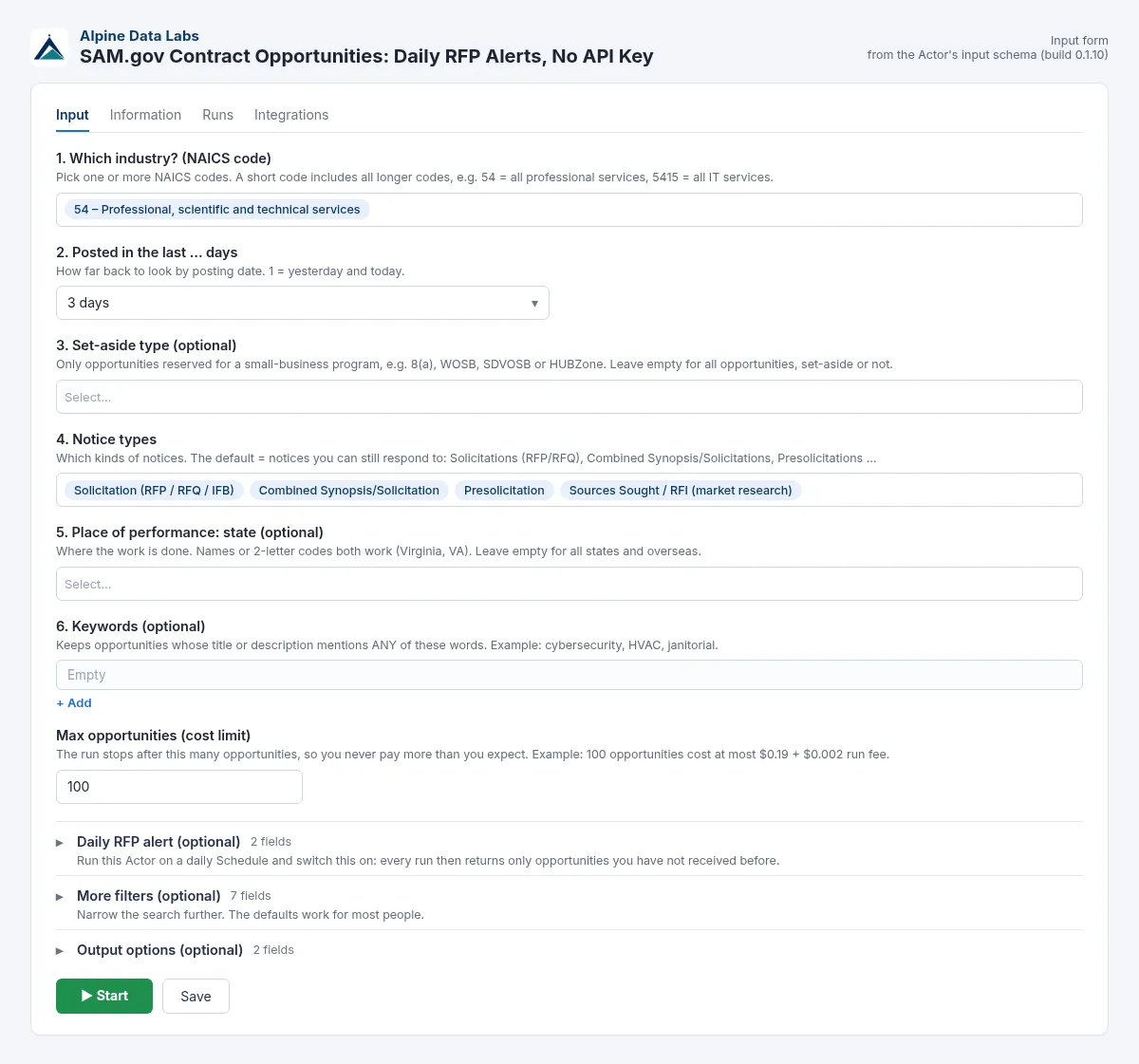 SAM.gov contract opportunities input form: keywords, NAICS codes and notice types
