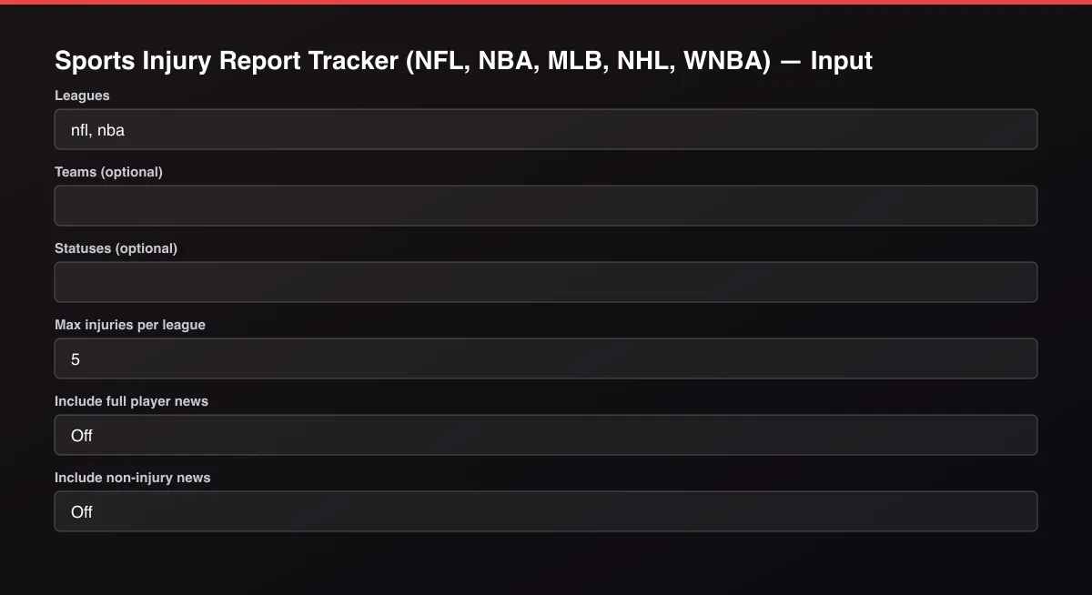 Sports Injury Report Tracker (NFL, NBA, MLB, NHL, WNBA) input form