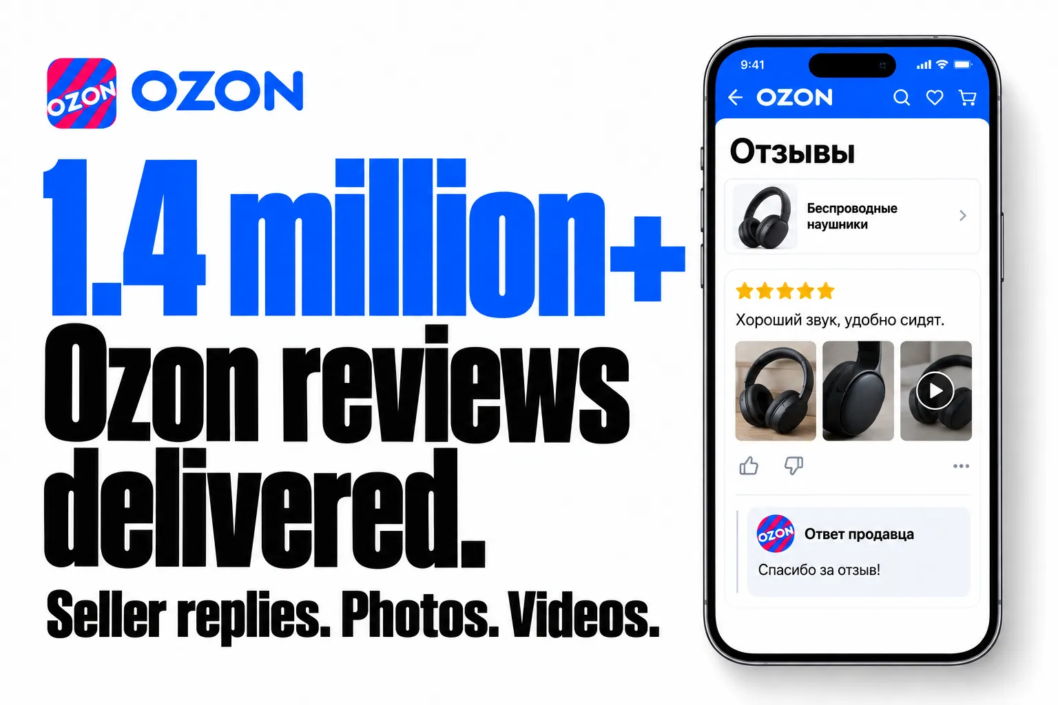 1.4 million+ Ozon reviews delivered. Seller replies. Photos. Videos.