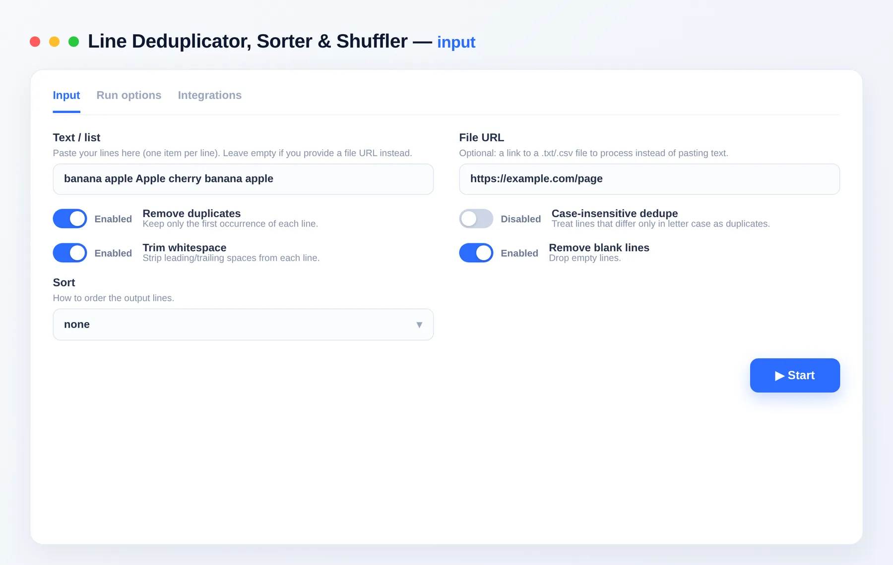 Line Deduplicator, Sorter & Shuffler input — configure the options in the Apify Console