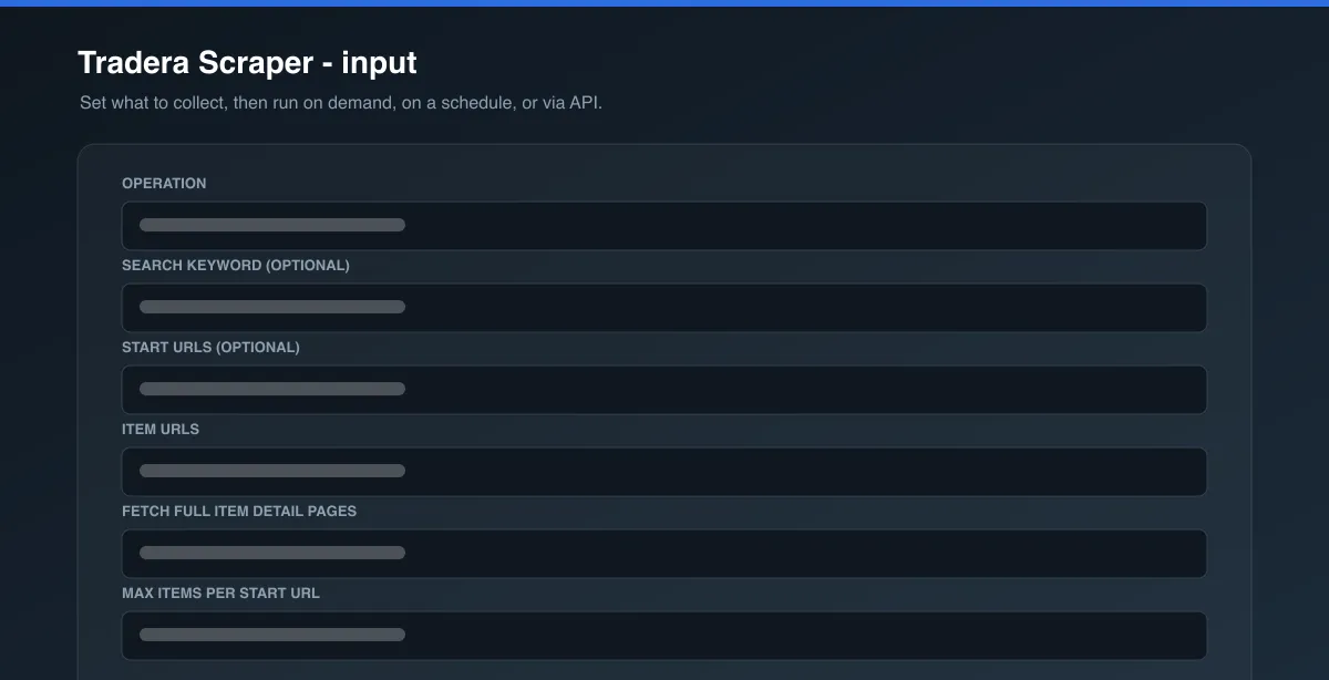 Tradera Scraper input options