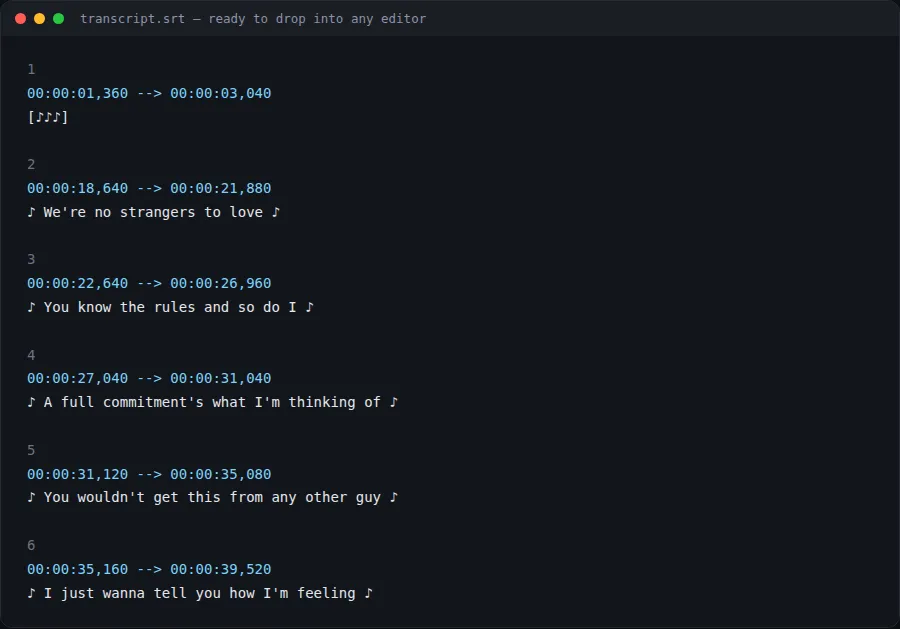 Real SRT subtitle output