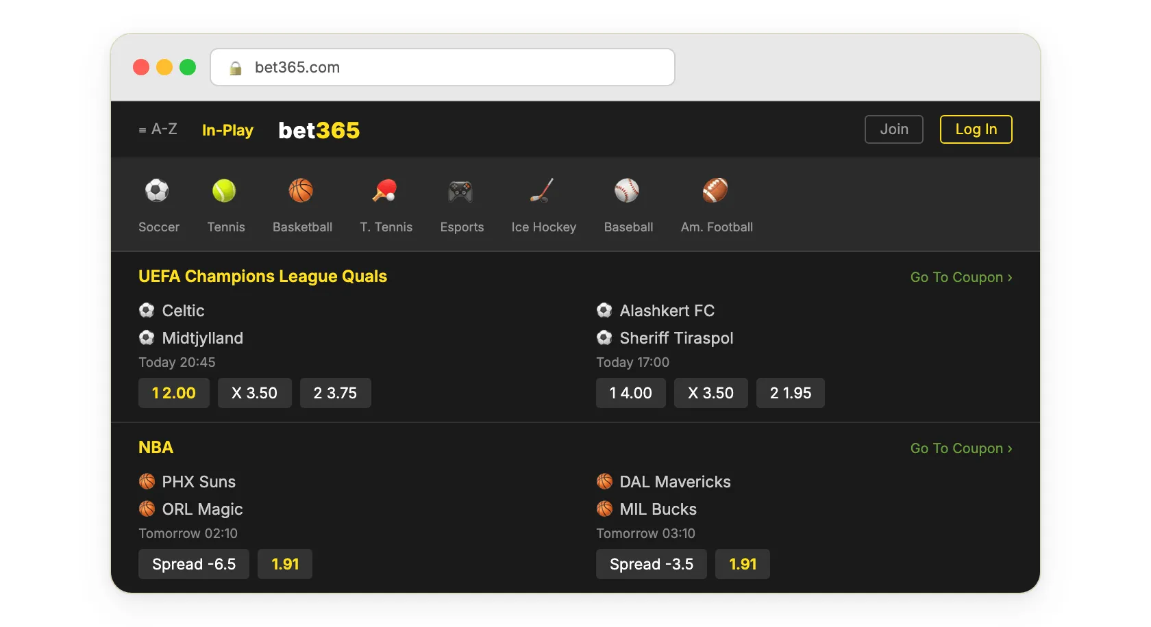 Bet365 — live odds across 39 sports