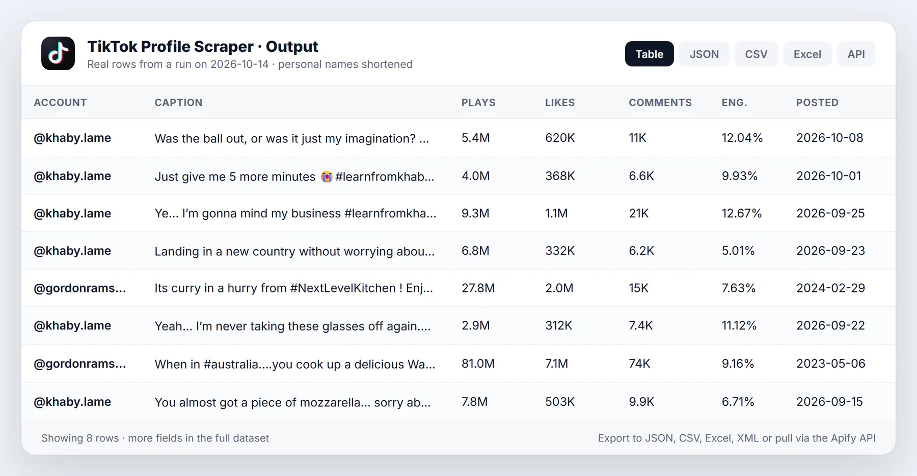 TikTok Profile Scraper sample output table from a real run