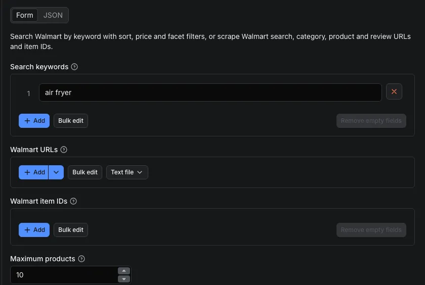Walmart Scraper input form with the keyword "air fryer" and 10 products