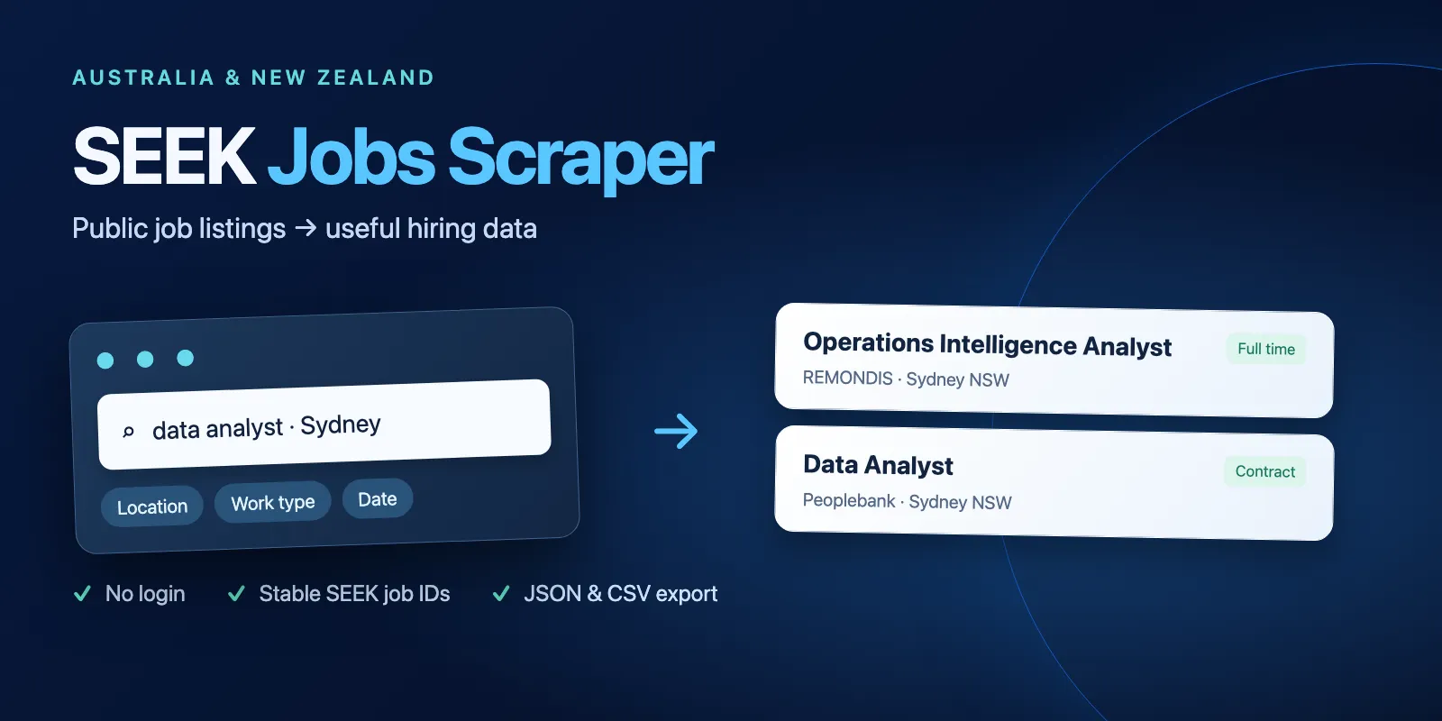 SEEK Jobs Scraper — search by location and work type, then export public listing cards