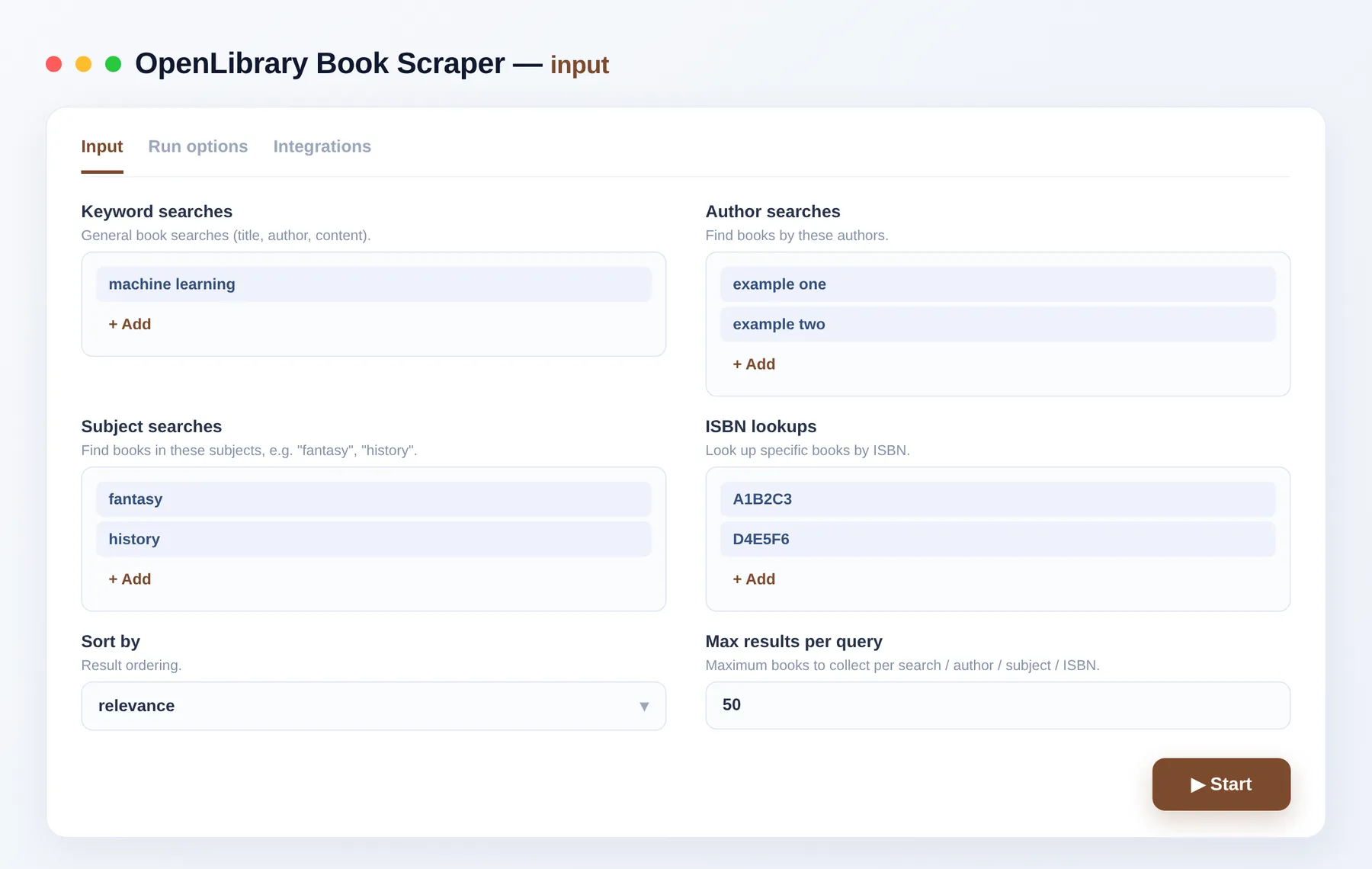 OpenLibrary Book Scraper input — search terms, authors and ISBNs in the Apify Console