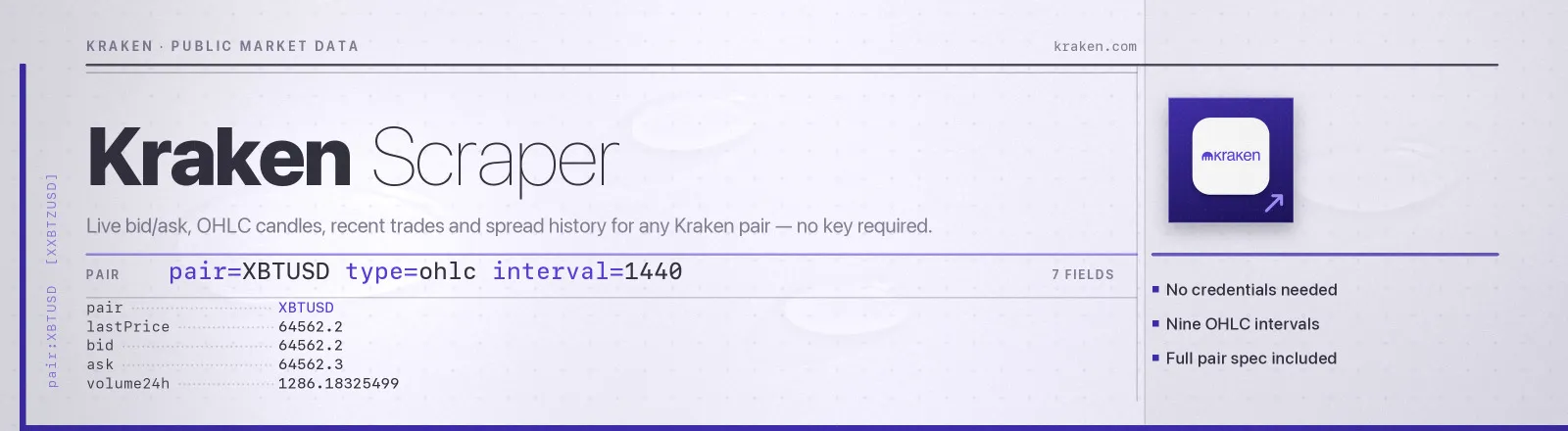 Kraken Market Scraper: Live bid/ask, OHLC candles, recent trades and spread history for any Kraken pair, no key required