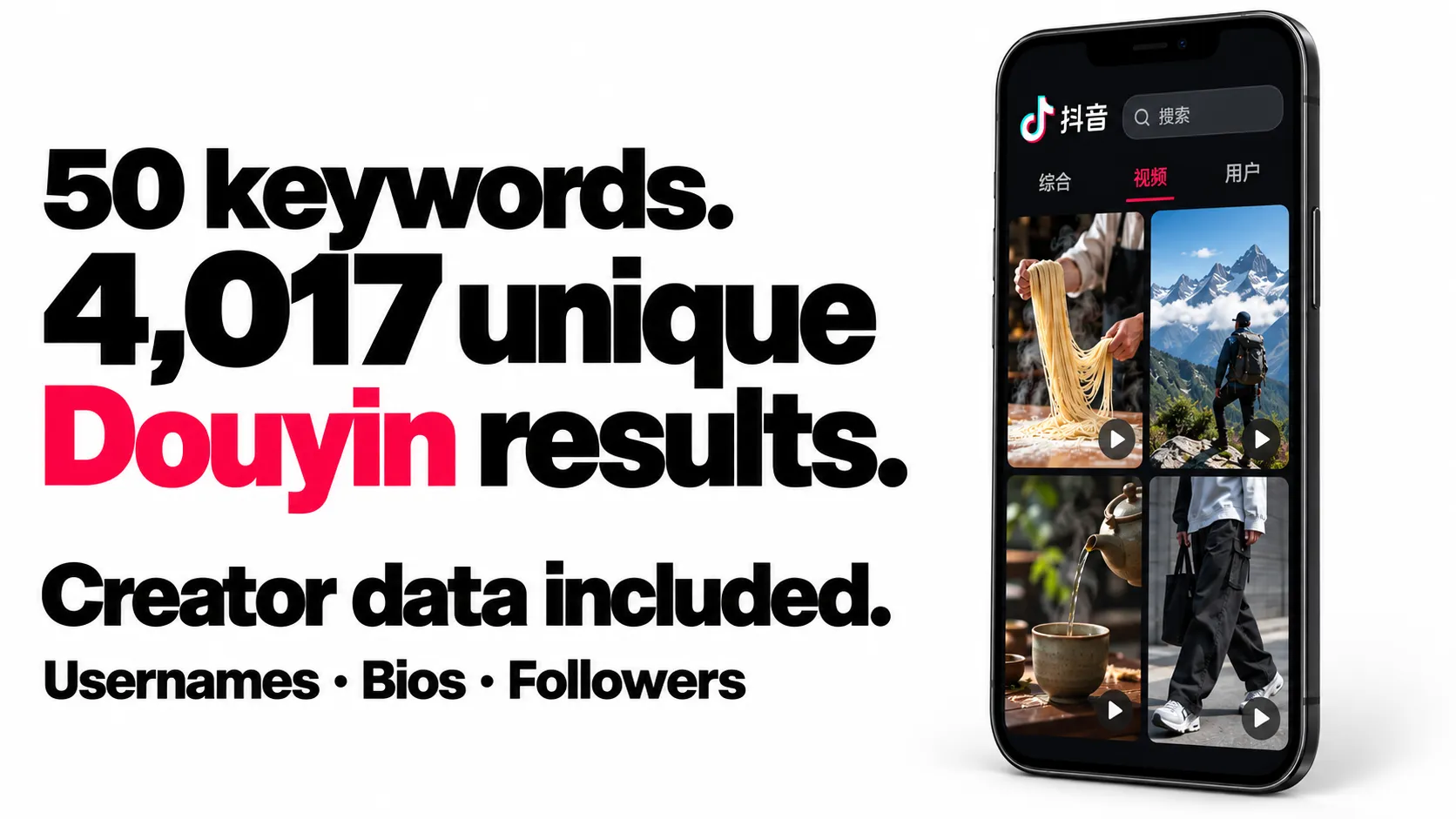 50 keywords. 4,017 unique Douyin results. Creator data included: usernames, bios and followers. Source-inspired search artwork.
