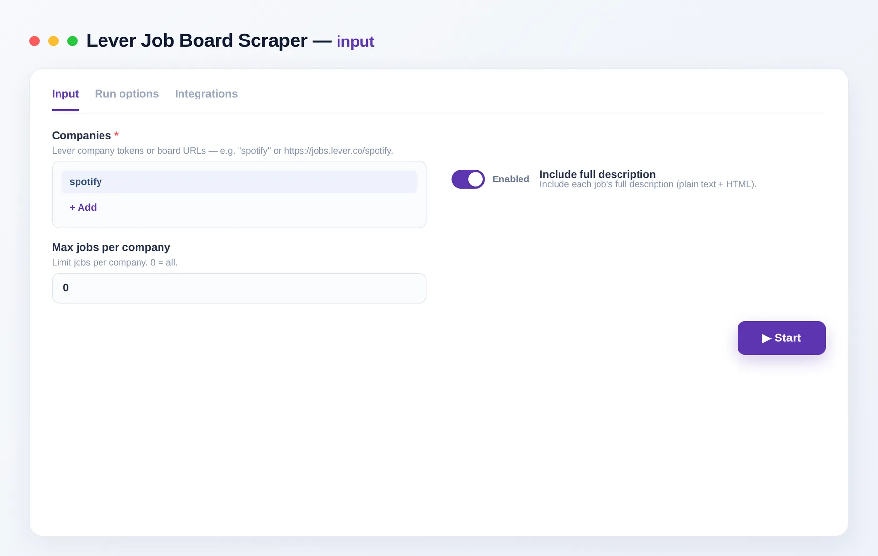 Lever Job Board Scraper input β companies, includeContent and maxJobsPerCompany in the Apify Console