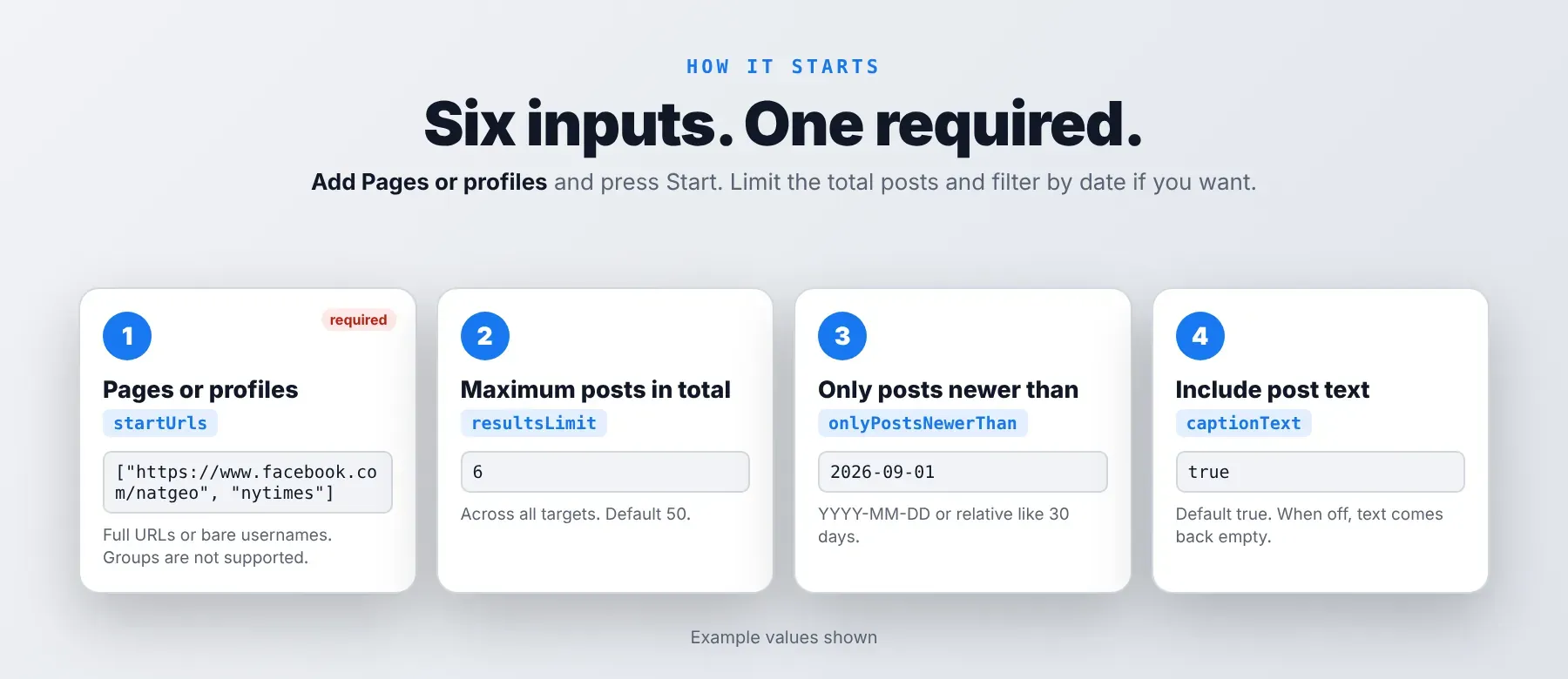 Facebook Posts Scraper input: Pages or profiles, post limit, date filter and proxy