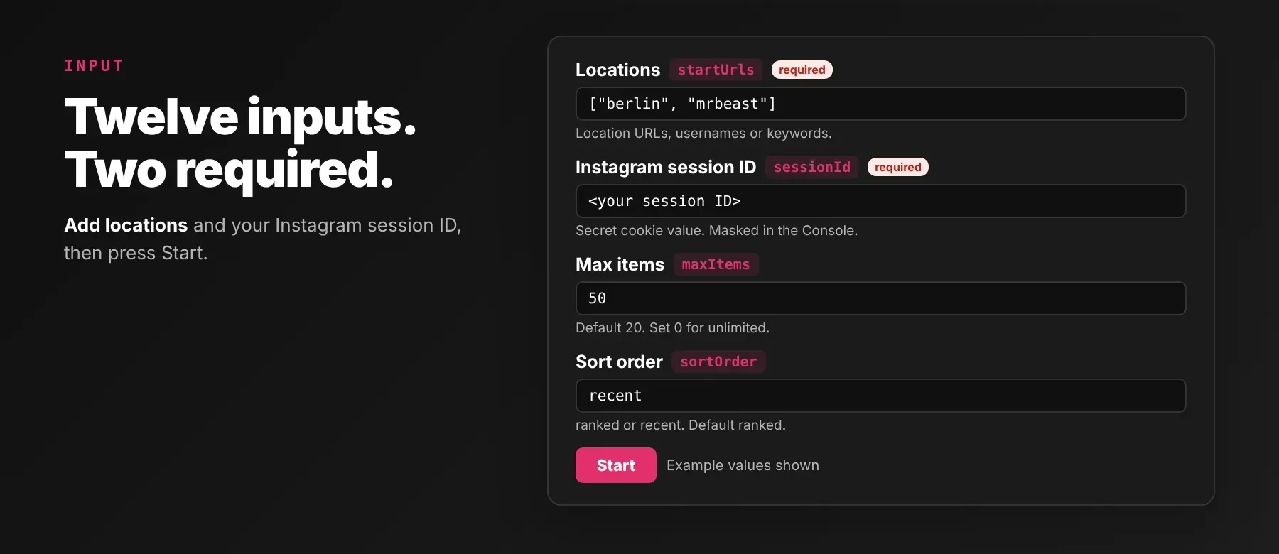 Instagram Location Scraper input: startUrls, sessionId, maxItems and sortOrder