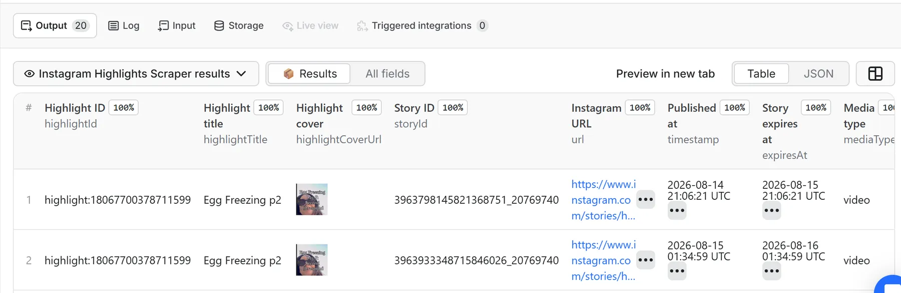 Instagram bio links and profile data in an Apify dataset