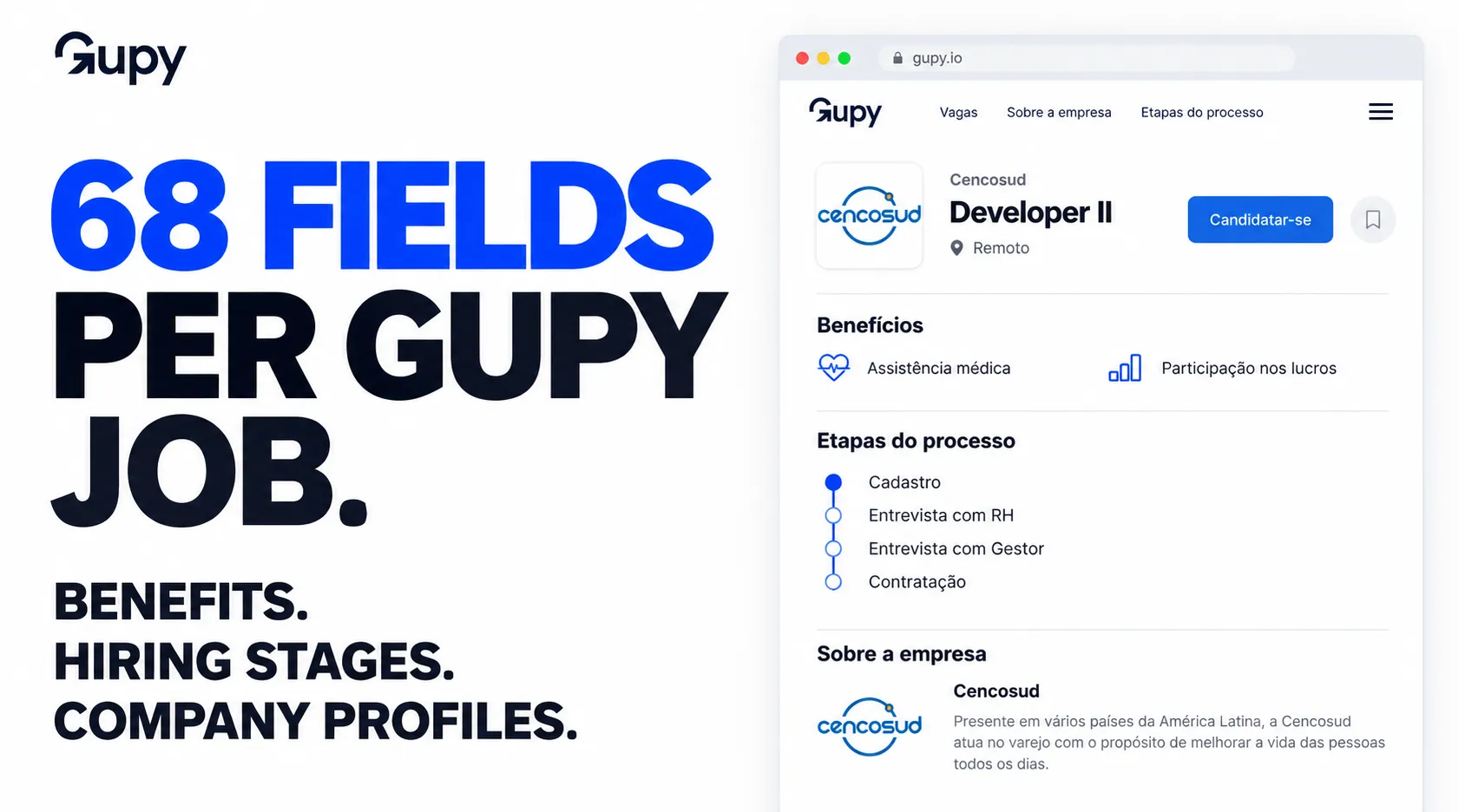 68 fields per Gupy job. Benefits. Hiring stages. Company profiles.