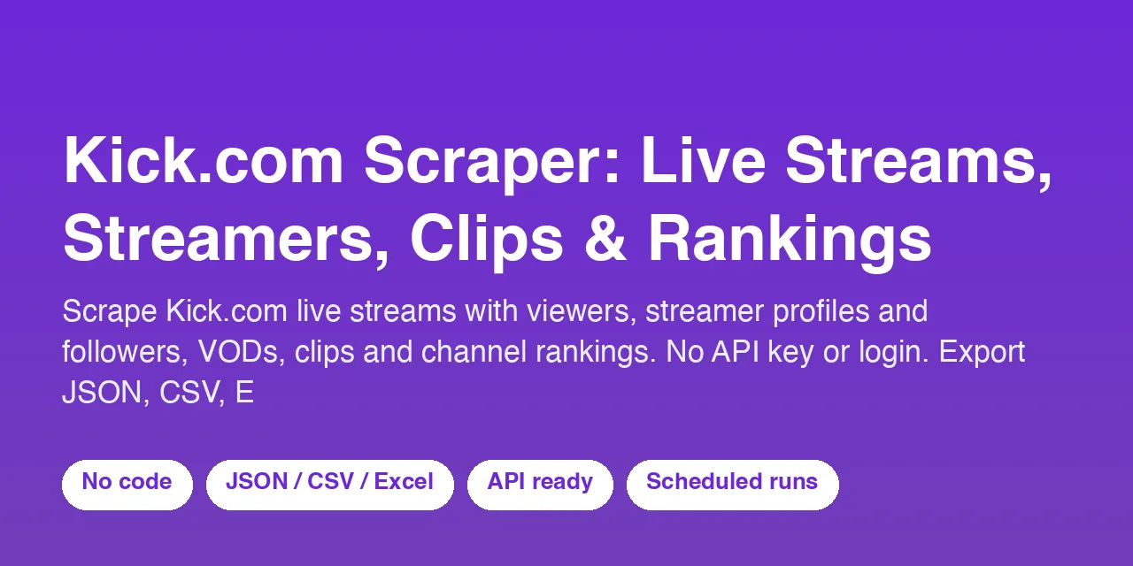 Kick.com Scraper: Live Streams, Streamers, Clips & Rankings - scrape data with Apify