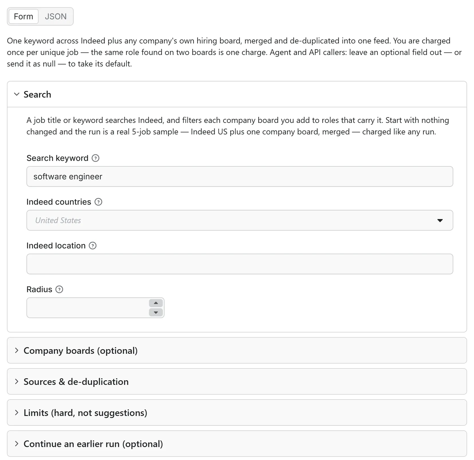 Job Board Scraper input form in the Apify console: search keyword, Indeed countries, location and radius, with the company boards, sources and limits sections