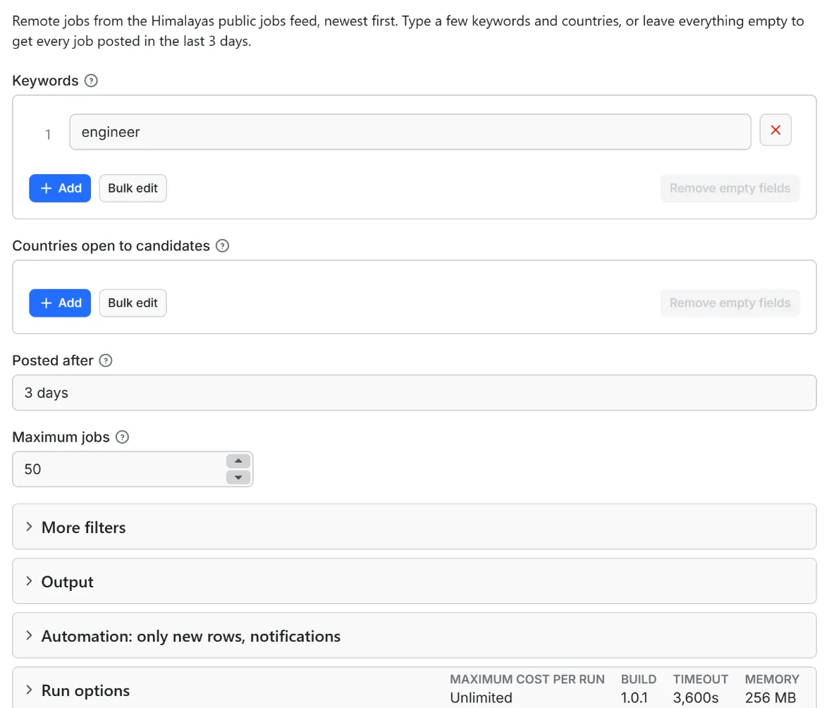 Input form of Himalayas Jobs Scraper: Remote Jobs API with Salaries