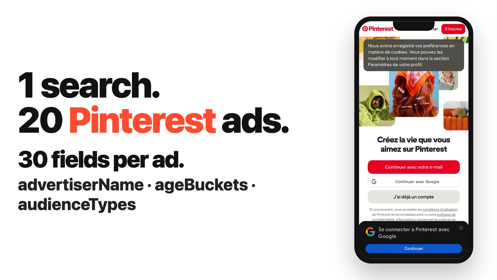 1 search. 20 Pinterest ads. 30 fields per ad.